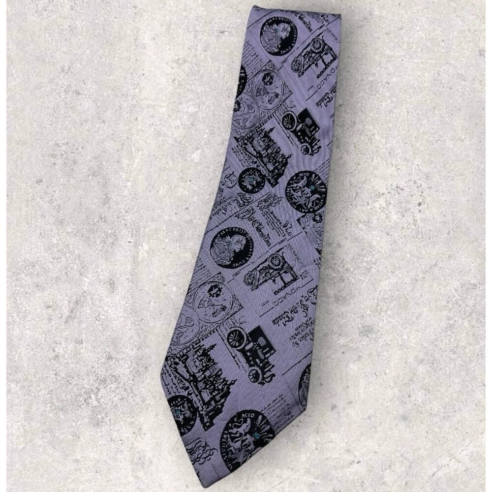 MOSCHINO VINTAGE Silk Tie ITALY Purple Black History W:3.4" EUC